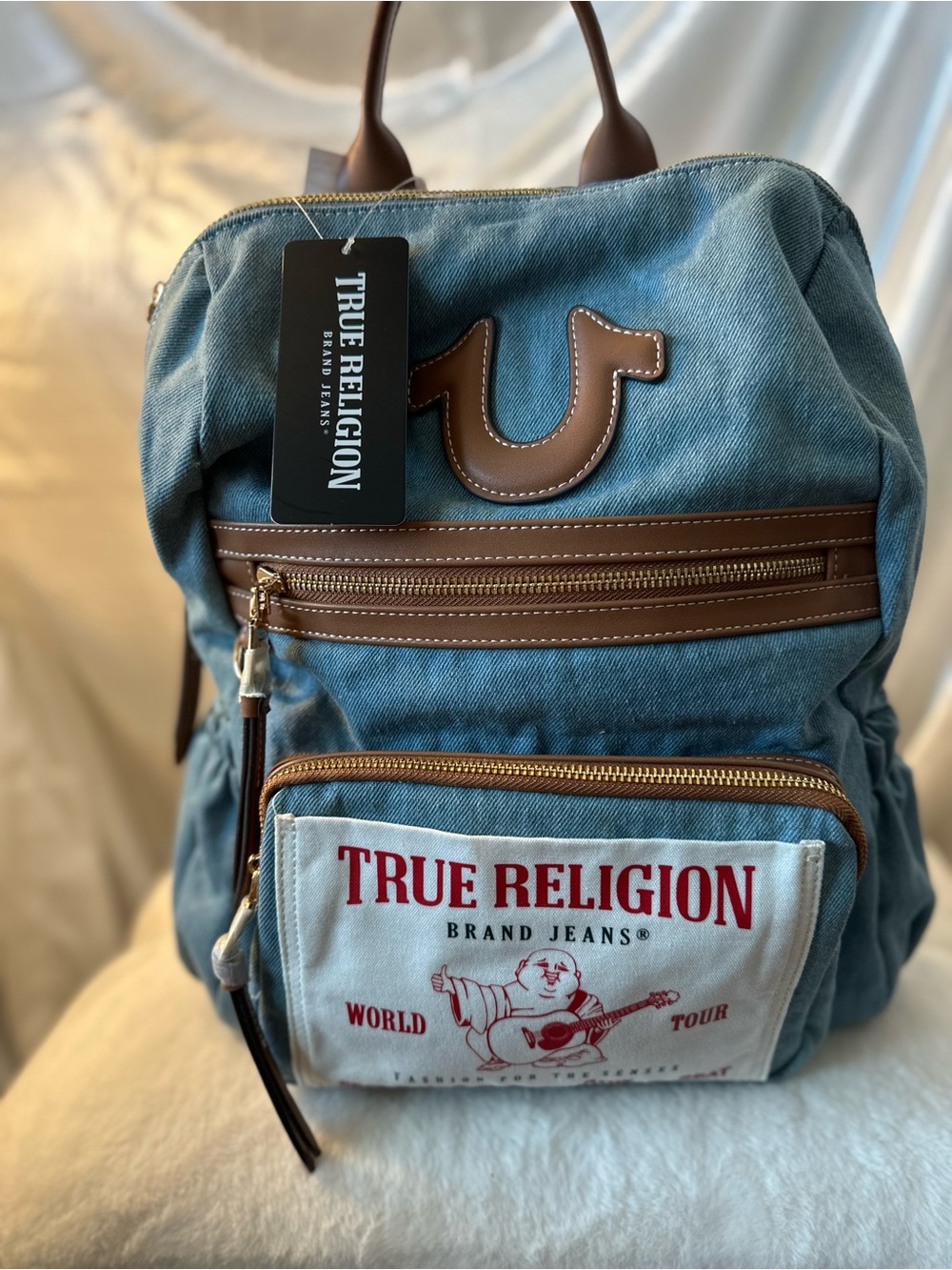 Backpack, Buddha Patch Bag with Horseshoe Logo and Zip Pocket Travel Bag, Denim